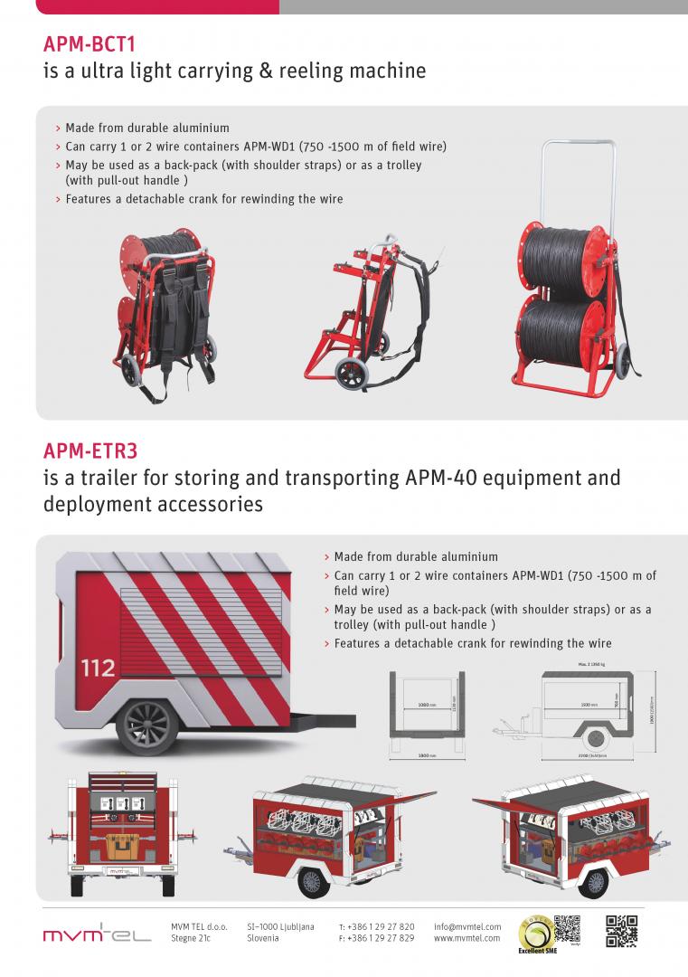 For storage and deployment of APM-40 field telephone system all necessary accessories are available, including storage boxes, wire drums, wire dispensers and custom made trailers.