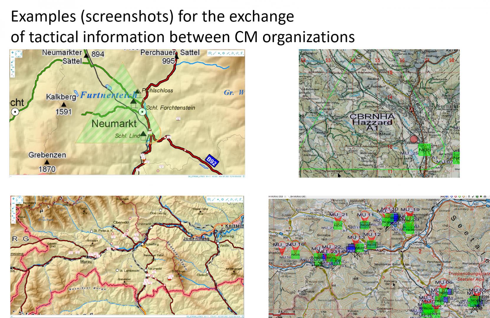 Exemples (captures d'écran) d'échange d'informations tactiques entre les organisations de gestion des crises