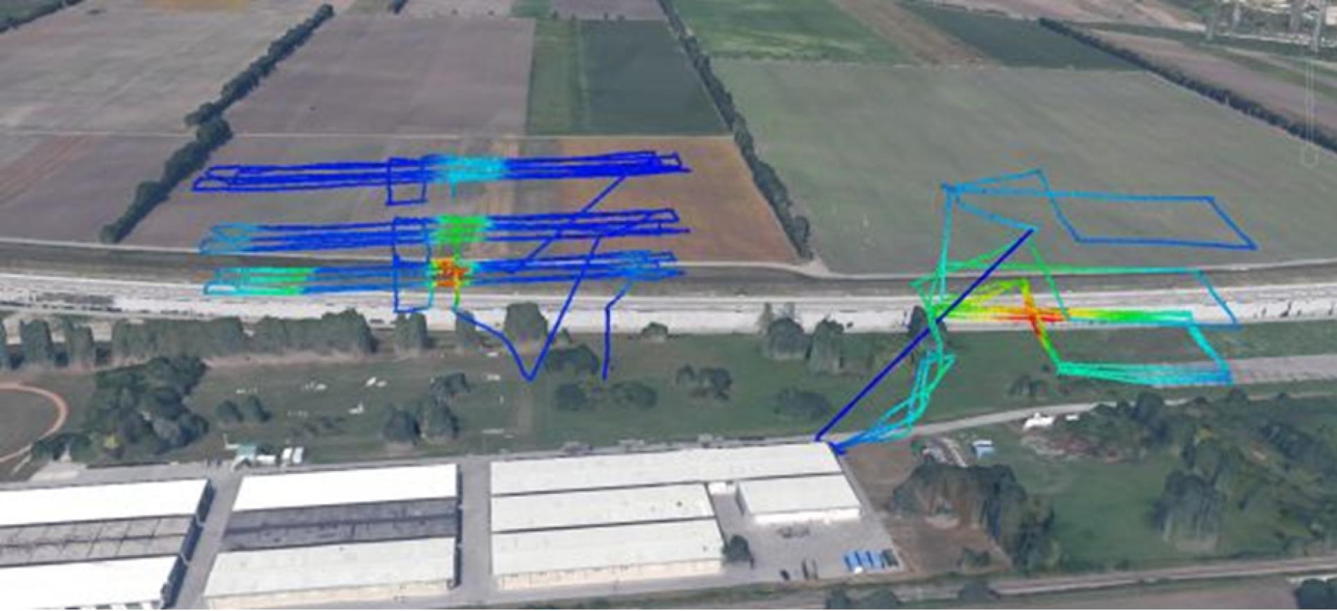 Trayectoria del UAV indicada con colores según la intensidad de la radioactividad