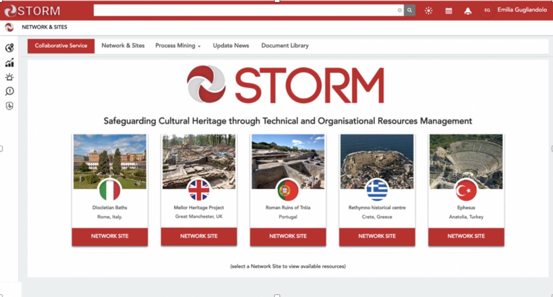 STORM_Collaborative Decision-Making Dashboard_Home Page. It includes the cultural sites which are currently protected, e.g. Diocletian Baths (Rome, Italy), Rethymno historical centre (Crete, Greece), Ephesus (Anatolia, Turkey)))