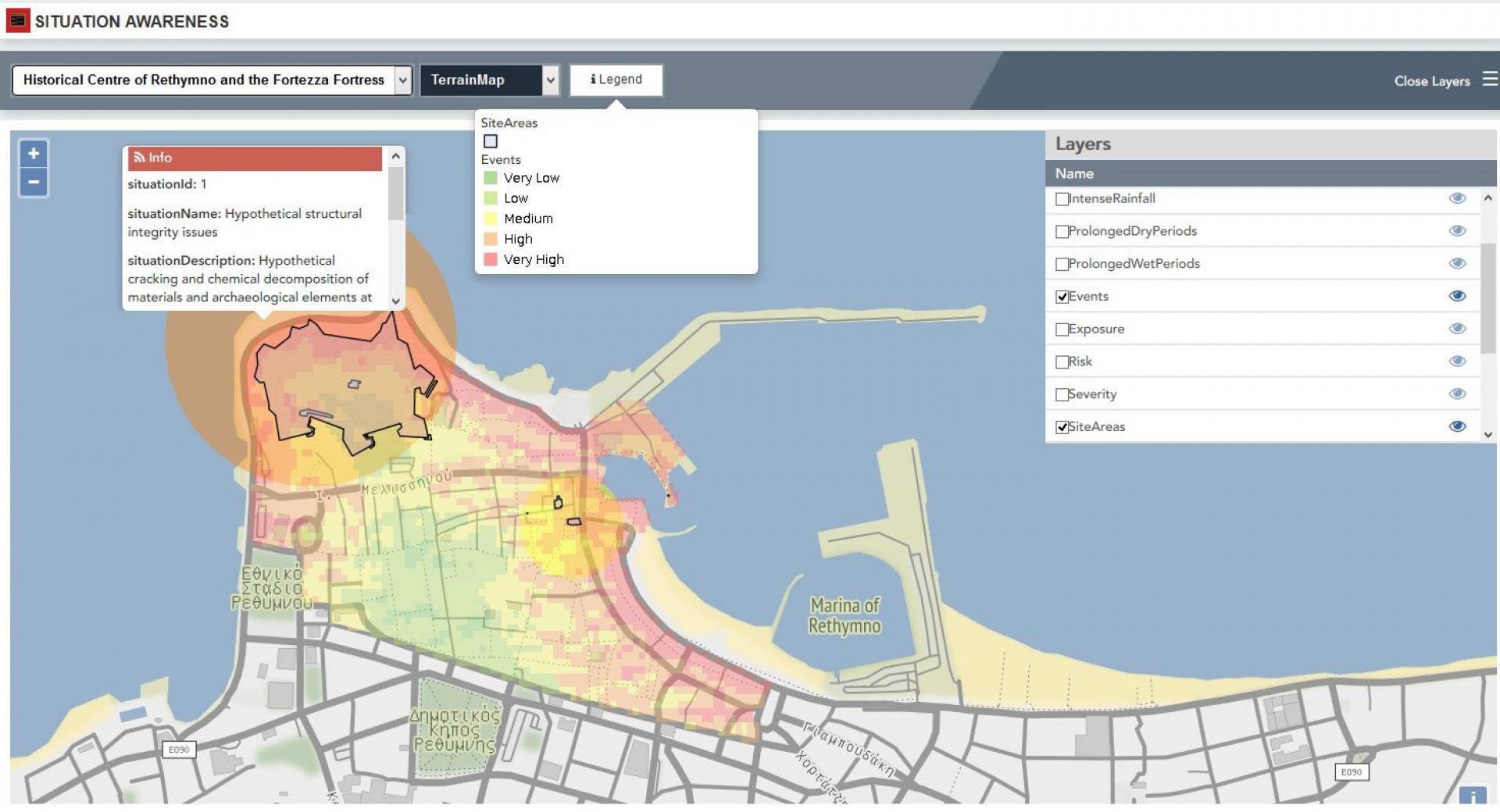 Situation awareness displayed through layers on a map, including Events, Exposure, Risk, Severity, Site Areas, etc.